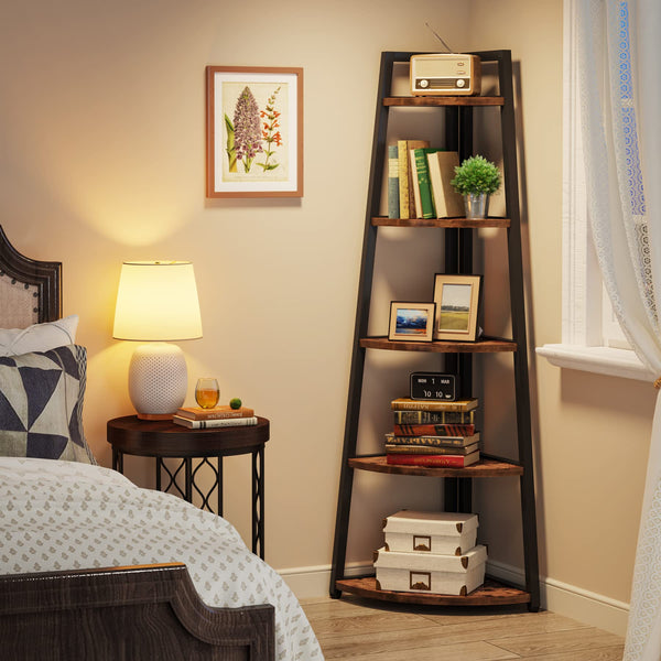 5-Tier Corner Shelf, 70-Inch Tall Industrial Bookcase & Plant Stand