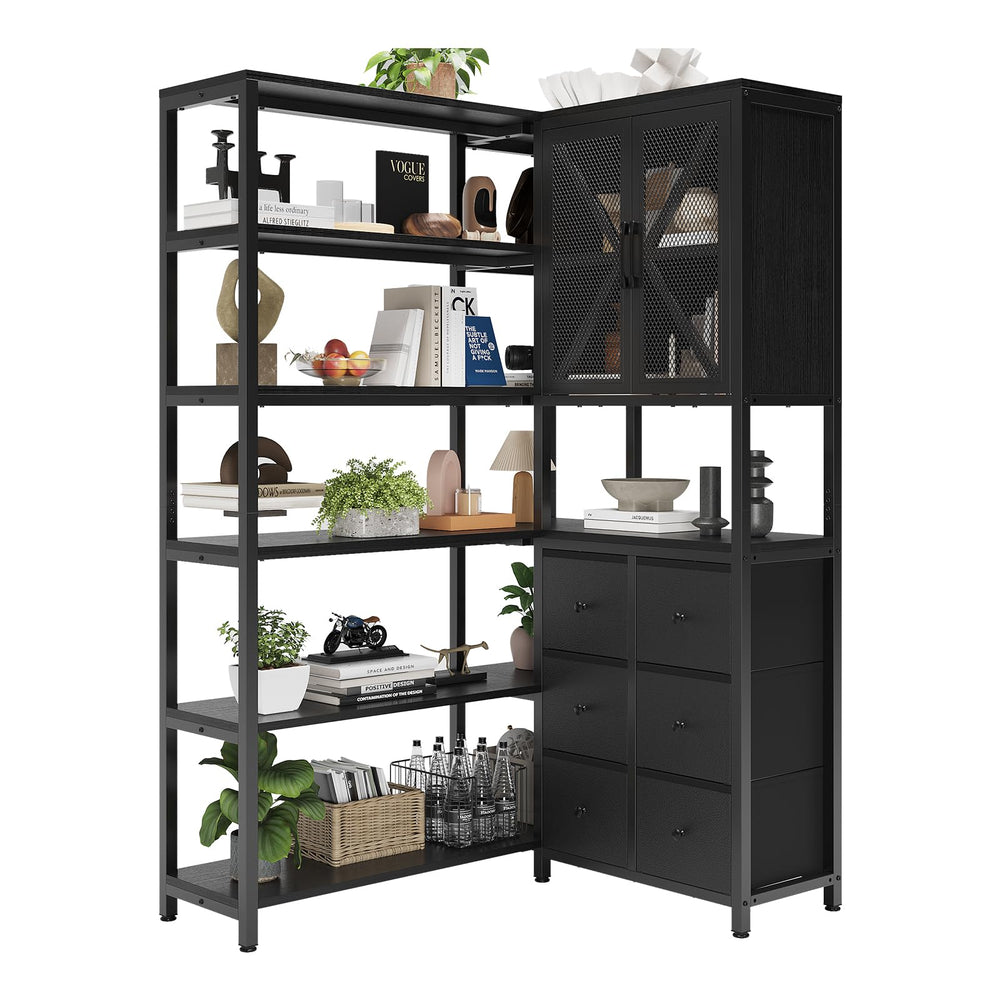 L-Shaped Corner Bookshelf with Fabric Drawers