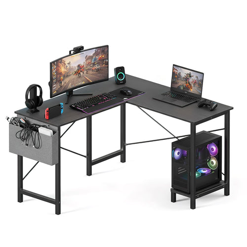 L-Shaped Corner Desk 50 Inch with Side Bag and Reversible CPU Shelf