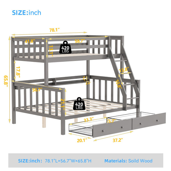 Solid Wood Bunk Bed with Charging Station and LED Lights