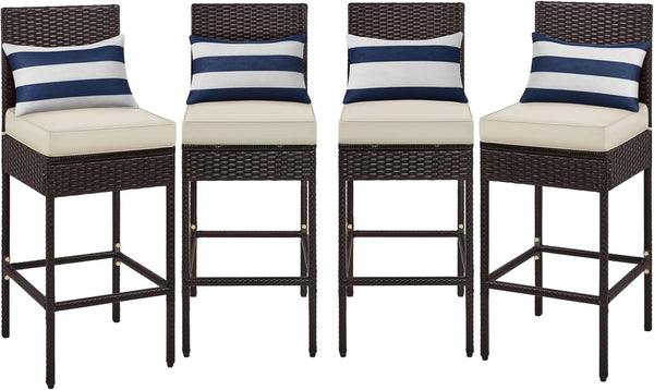 Outdoor PE Rattan Bar Stools with Cushions & Footrests