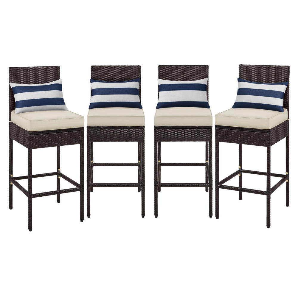 Outdoor PE Rattan Bar Stools with Cushions & Footrests