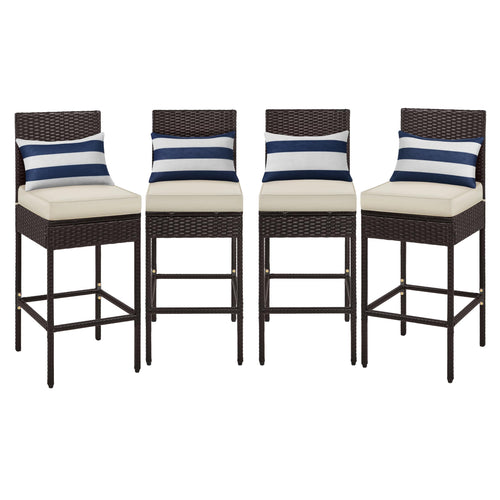 Outdoor PE Rattan Bar Stools with Cushions & Footrests