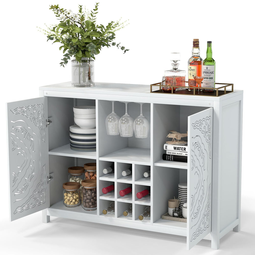 47" Wine Bar Cabinet with 2 Doors, Wine Rack, Glass Holder & Storage – White