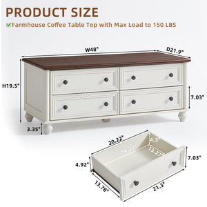 Farmhouse Coffee Table with 4 Drawers & Hidden Storage