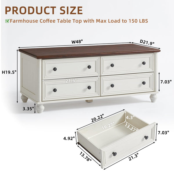 Farmhouse Coffee Table with 4 Drawers & Hidden Storage