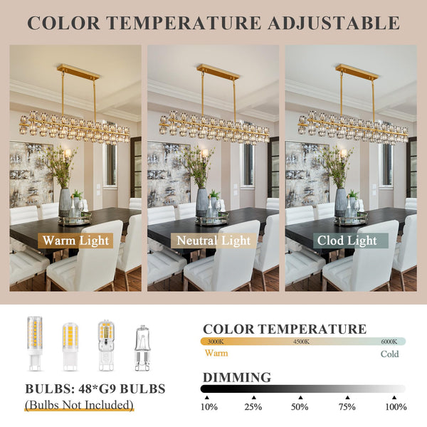 Gold K9 Crystal Rectangular Chandelier with Adjustable Height
