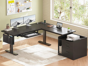 L-Shaped Electric Standing Desk with File Cabinet & Storage
