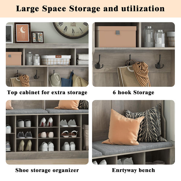 Farmhouse Hall Tree with Bench and Shoe Storage