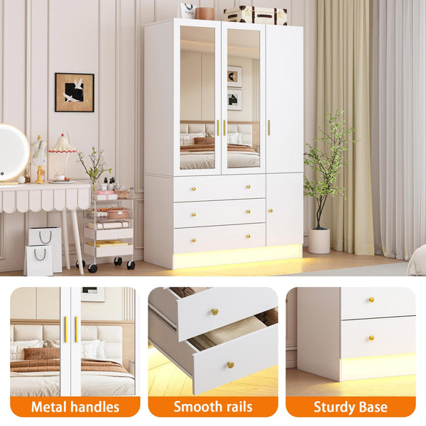 3-Door Armoire Wardrobe with LED Lights, Mirror & Drawers