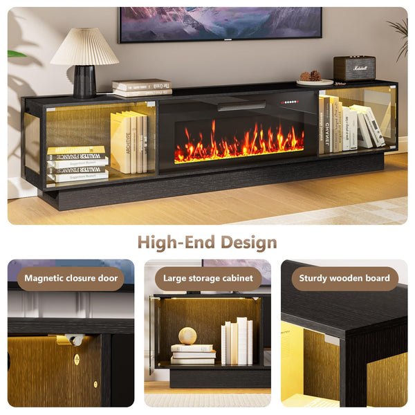 80" Electric Fireplace TV Stand with Glass Cabinets & LED Lighting