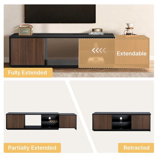 KISLOT Extendable TV Stand for TVs up to 90",Modern Entertainment Center with Adjustable Shelf,Television Stand with 2 Storage Cabinets,Wooden TV Media Console for Living Room Bedroom Black