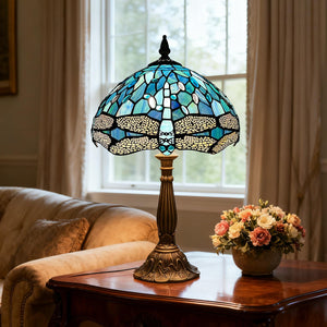 Dragonfly Tiffany Stained Glass Table Lamp 12"W x 19"H