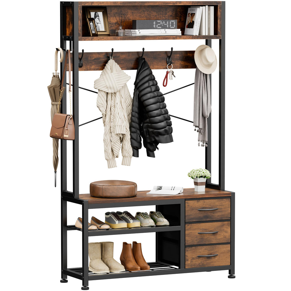 6-in-1 Hall Tree with Bench, 12 Hooks, 3 Drawers & Shoe Storage – 31.5"L x 11.8"W x 20.5"H