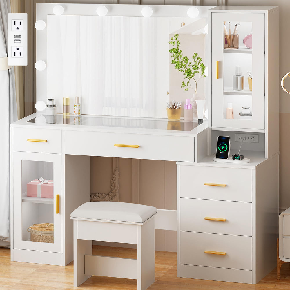 Large Vanity Desk with Mirror and Lights – Glass Top, 5 Drawers, Stool & Power Outlet