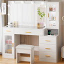 Large Vanity Desk with Mirror and Lights – Glass Top, 5 Drawers, Stool & Power Outlet