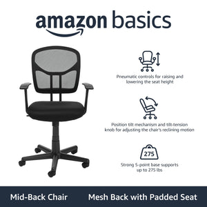 Breathable Mesh Mid-Back Office Chair with Armrests & Lumbar Support