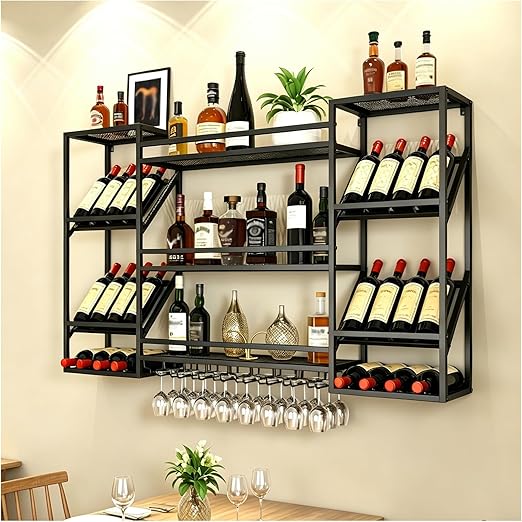 Wall Mounted Wine Rack with Glass Holder & Floating Bar Shelves
