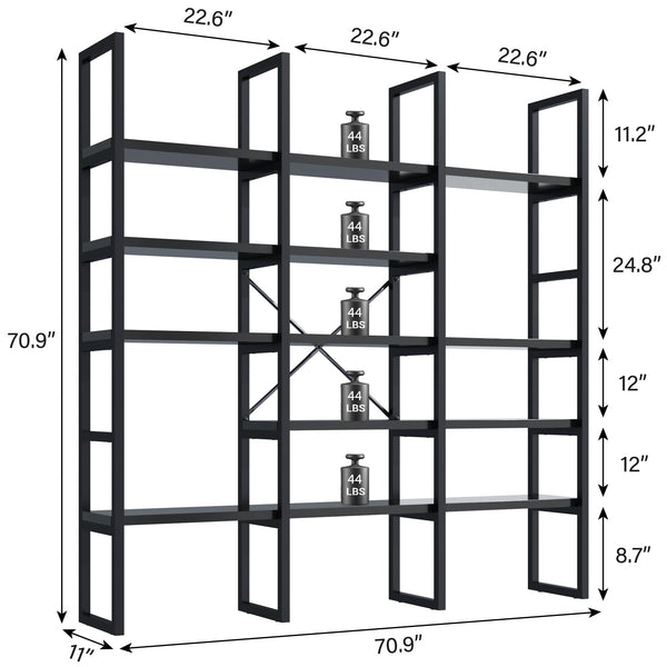 Triple Wide 5-Tier Industrial Bookshelf