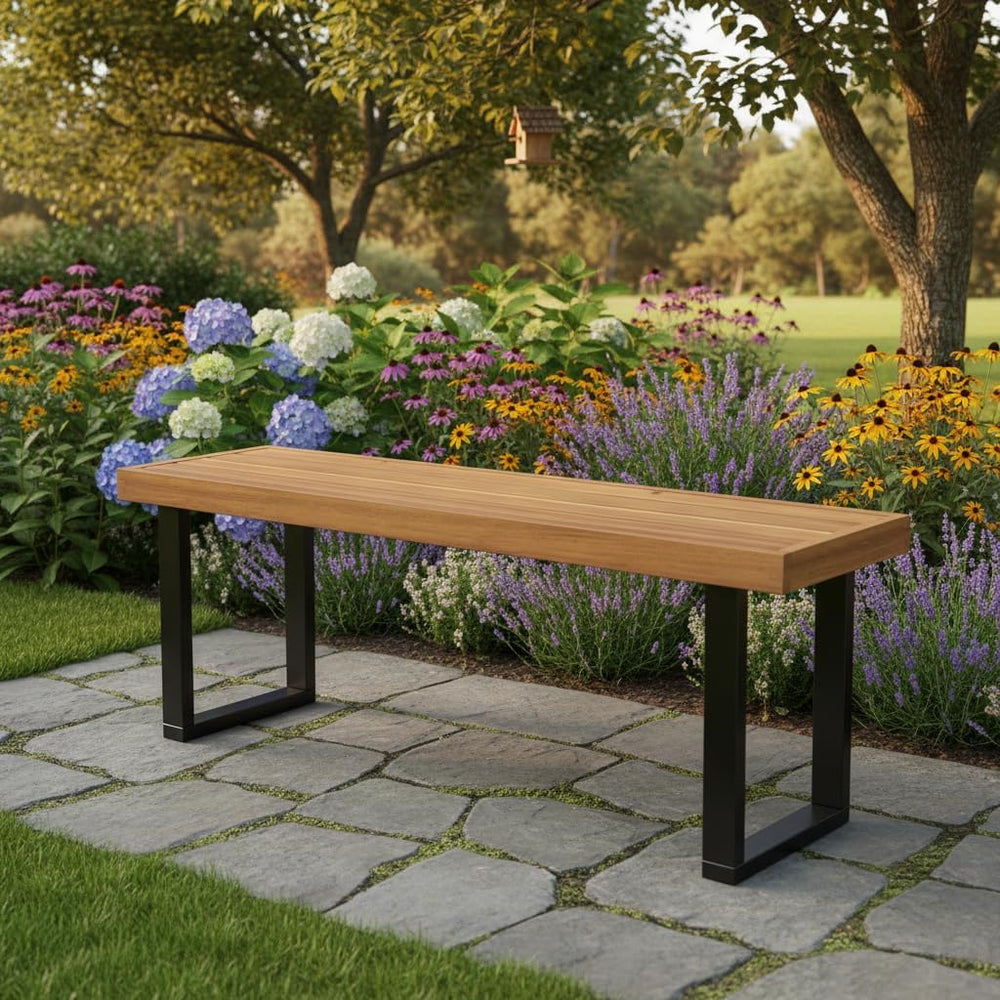 48" Acacia Wood Outdoor Bench with Metal Legs