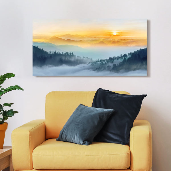 Foggy Forest Canvas Wall Art – Sunset Landscape Print