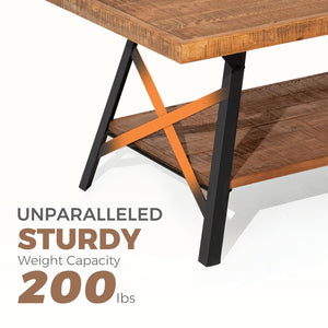 Rustic Brown 2-Tier Pine Wood Coffee Table with Metal X-Legs