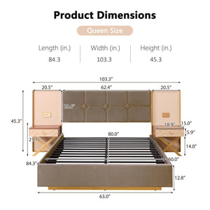 Queen Bed Frame with LED Lights, Charging Ports & Nightstands
