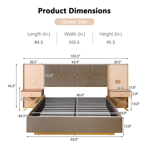 Queen Bed Frame with LED Lights, Charging Ports & Nightstands