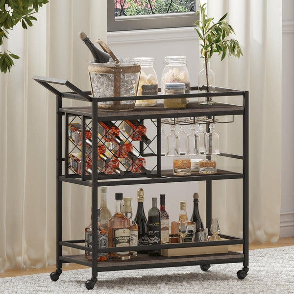 Rolling Bar Cart with Wine Rack & Stemware Holder