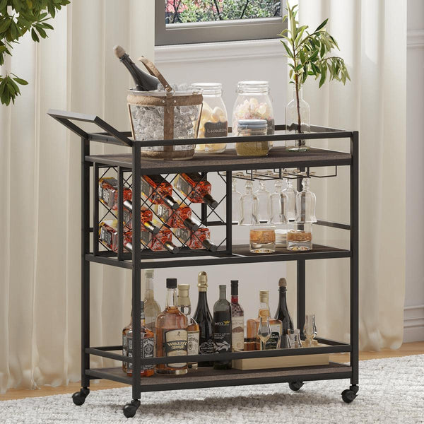 Rolling Bar Cart with Wine Rack & Stemware Holder