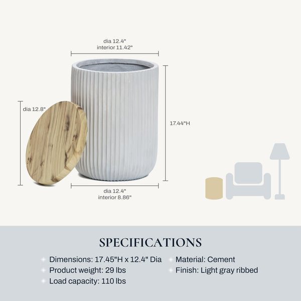 Outdoor Side Table with Storage Cement Patio End Table Wood Lid Accent Table