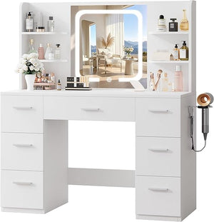 Makeup Vanity Desk with Smart LED Mirror, 7 Drawers & Power Station