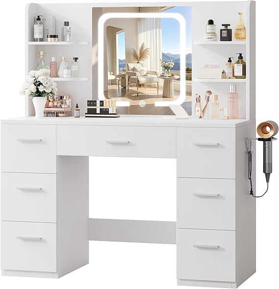 Makeup Vanity Desk with Smart LED Mirror, 7 Drawers & Power Station