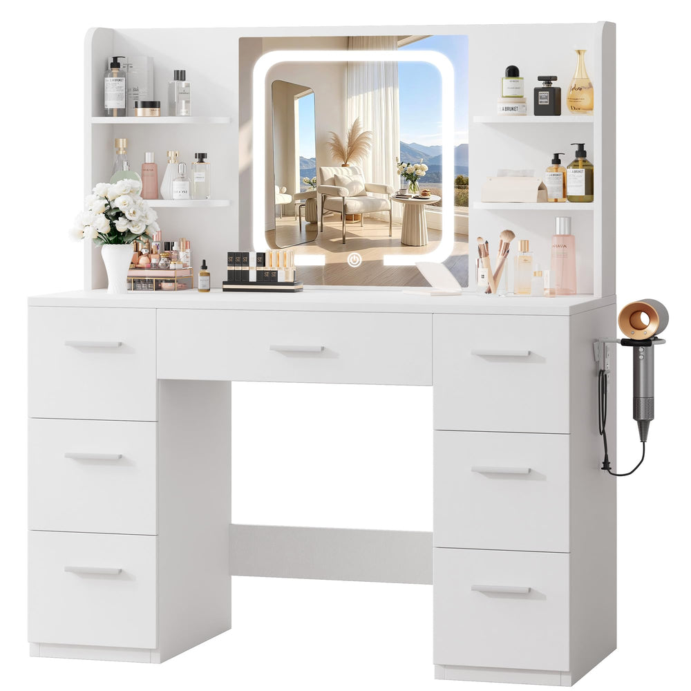 Makeup Vanity Desk with Smart LED Mirror, 7 Drawers & Power Station