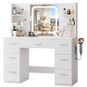 Makeup Vanity Desk with Smart LED Mirror, 7 Drawers & Power Station