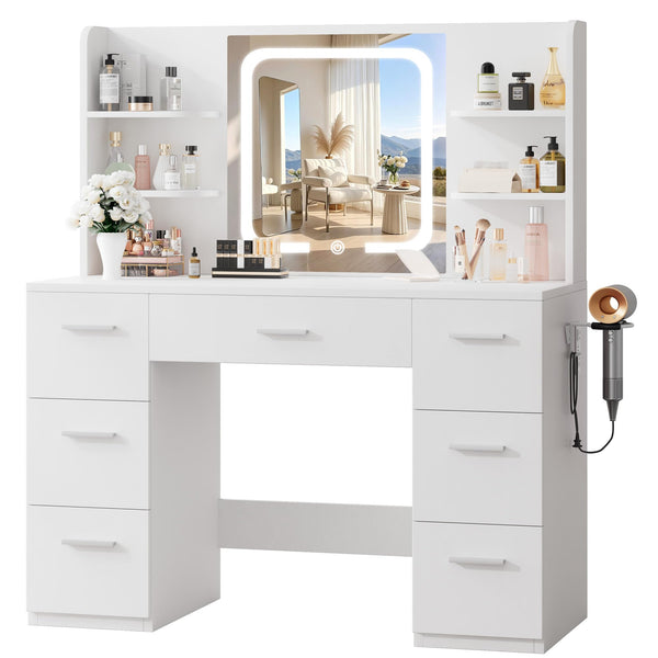Makeup Vanity Desk with Smart LED Mirror, 7 Drawers & Power Station