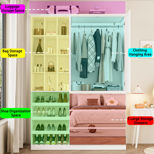 Mirrored Wardrobe Closet with Shoe Cabinet & 3 Drawers