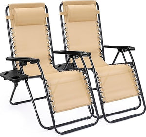 Zero Gravity Outdoor Lounge Chair Set of 2 with Cup Holder & Adjustable Pillow