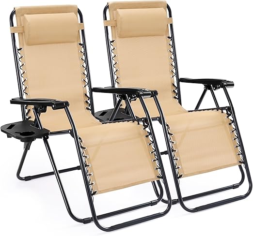 Zero Gravity Outdoor Lounge Chair Set of 2 with Cup Holder & Adjustable Pillow
