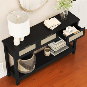 47" Rattan Console Table with 3 Drawers & Storage Shelf