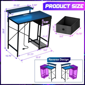 33.5" Gaming Desk with LED Lights, Power Outlets & Monitor Stand
