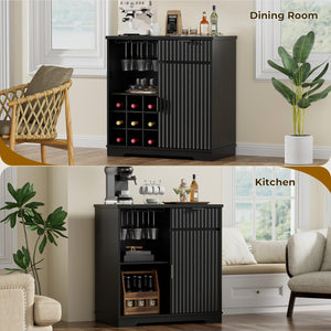 Fluted Coffee Bar Cabinet with Glass Holder & Wine Rack – Black