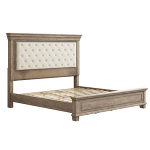 King Bed Frame with Tall Upholstered Headboard – Solid Pine Wood Platform Bed
