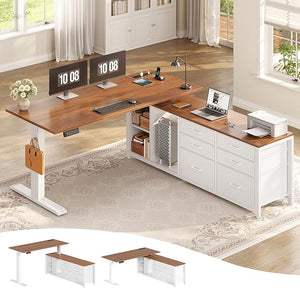 L Shaped Electric Standing Desk with Drawers