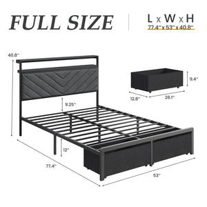 Upholstered Bed Frame with Storage Drawers, LED Lights & Charging Station
