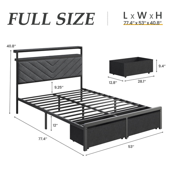 Upholstered Bed Frame with Storage Drawers, LED Lights & Charging Station
