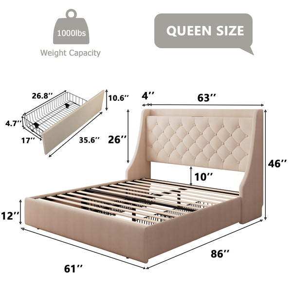 Upholstered Bed Frame with Storage Drawers & Charging Station