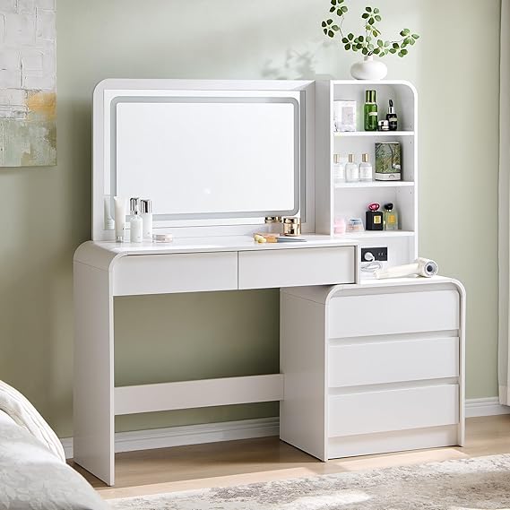 Vanity Desk with Mirror, Lights & 5 Drawers
