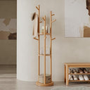 Rotating Wood Coat Rack with 3 Shelves and 9 Hooks