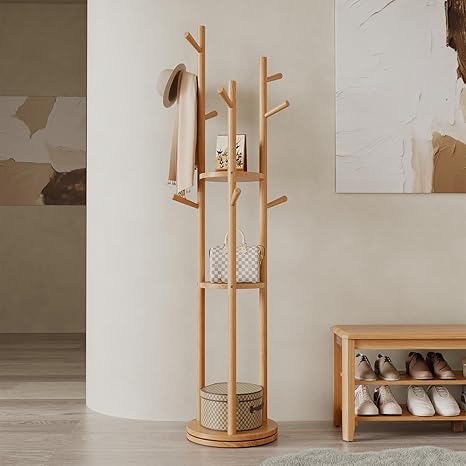 Rotating Wood Coat Rack with 3 Shelves and 9 Hooks